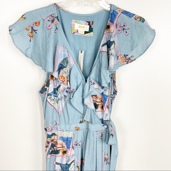 NWT Maeve Anthropologie Rosalia Wrap Dress Size 8 Blue Bird Print Ruffle - Picture 6 of 12